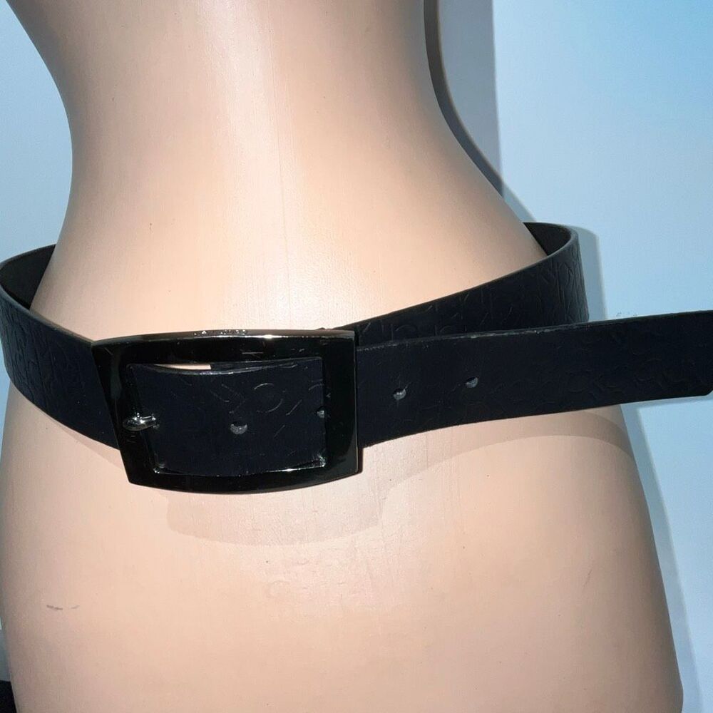 Calvin Klein Women's Black Embossed Monogram Logo Genuine Leather Belt Small
